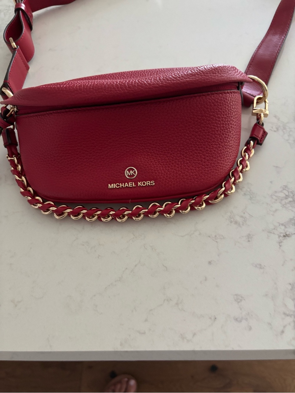 Michael Kors Collection Red Pebbled Leather Chain-Trim Crossbody Belt Bag